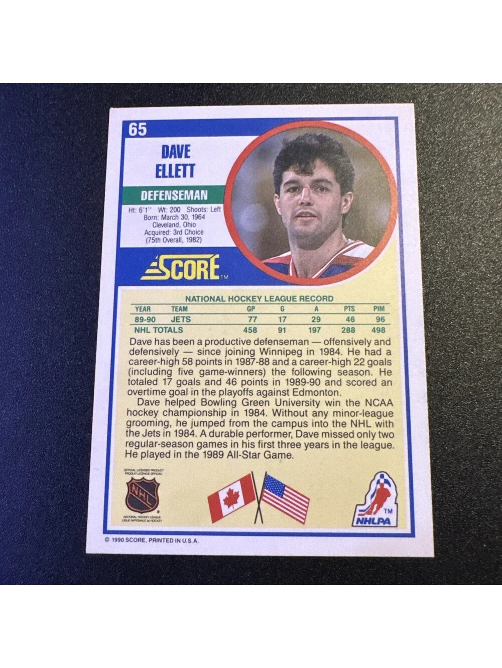 1990-91 Score - Dave Ellett #65 - Score - Hockey - TTM Autograph No COA